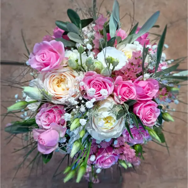 Brautstrauß pink und weiß mit Olivenzweig