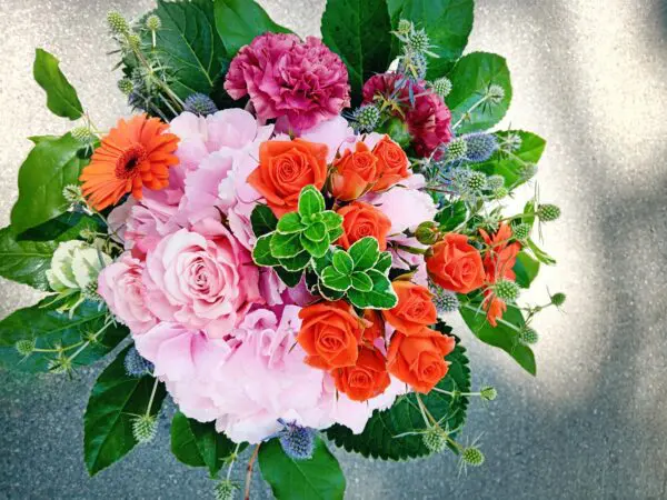 Strauß mit Hortensie und Rosen rot und pink