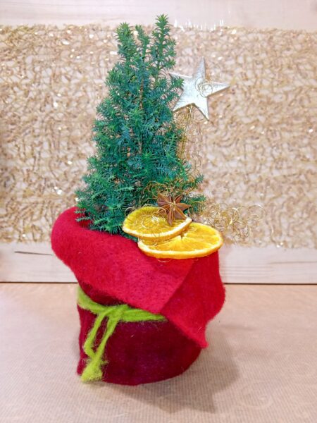 kleines Tischgesteck mit Bäumchen für Advent